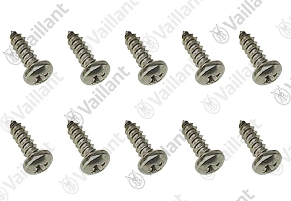 Vaillant Schrauben in silberner Farbe, angeordnet in zwei Reihen mit jeweils fünf Schrauben, für allgemeine Montagen oder Reparaturen.